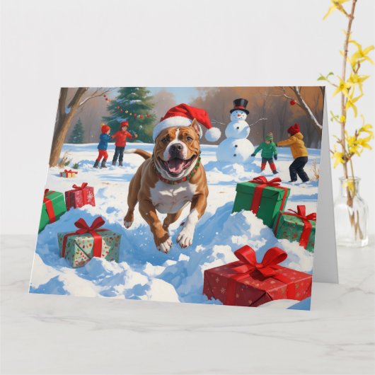 Carte Pitbull Dog courir dans la neige avec le Casquette (Fleur jaune)