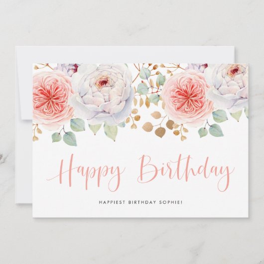 Carte Pivoines pêche à l'aquarelle et feuilles d'or pour (Devant)