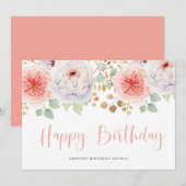 Carte Pivoines pêche à l'aquarelle et feuilles d'or pour (Devant / Derrière)