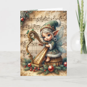 Carte Pixie Fairy de Noël Jouer une harpe