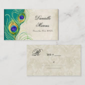 Carte Place Table - Plumes Peacock Turquoise bleu (Devant / Derrière)