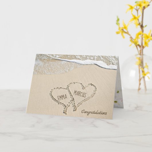 Carte Plage Coeurs dans le sable avec surf (Fleur jaune)