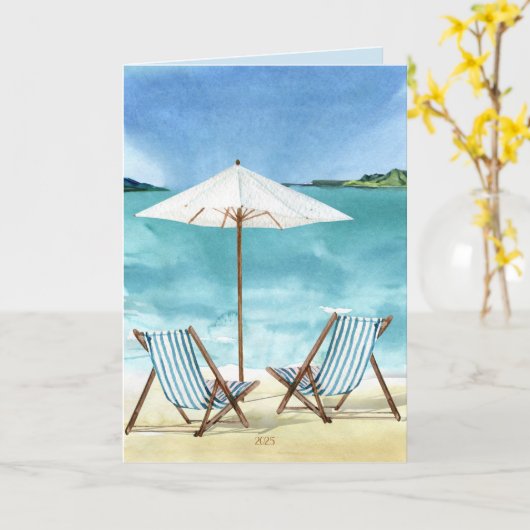 Carte Plage côtière Océan scène avec chaises longues (Fleur jaune)