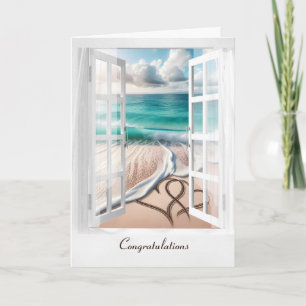 Carte Plage de mariage coeurs dans la fenêtre