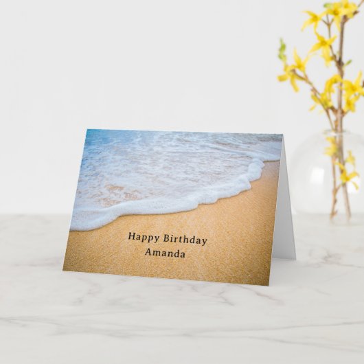 Carte Plage de sable avec Surf en mousse Anniversaire (Fleur jaune)