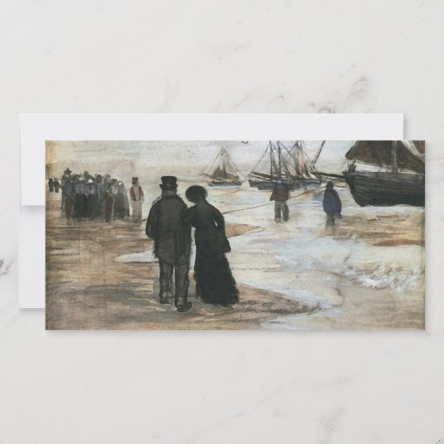 Carte Plage, Personnes Promenade & Bateaux Van Gogh Art (Devant)