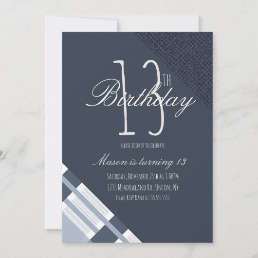 Carte Plaid Denim Bleu Garçons Treize Anniversaire Fête (Devant)