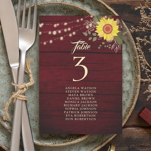 Carte Plan de table de mariage au tournesol rustique