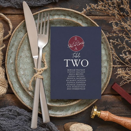 Carte Plan de table de mariage en Bourgogne et bleu mari