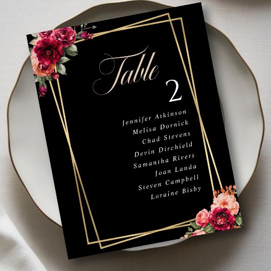 Carte Plan de table de mariage floral chic rouge noir