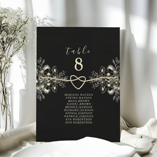 Carte Plan de table de mariage floral or noir