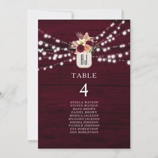 Carte Plan de table de mariage rustique burgundy (Devant)