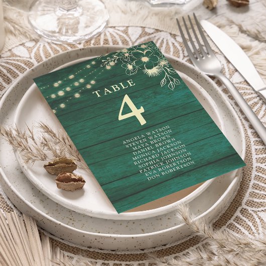 Carte Plan de table de mariage vert émeraude rustique