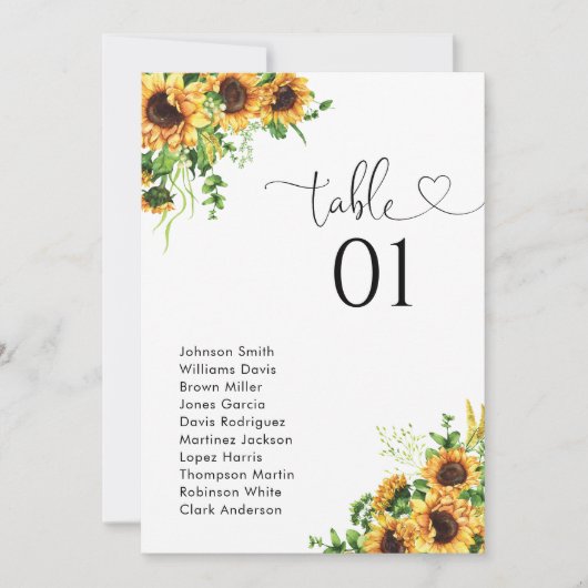 Carte Plan de table numéro tournesol pour le mariage (Devant)