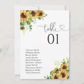 Carte Plan de table numéro tournesol pour le mariage (Dos)
