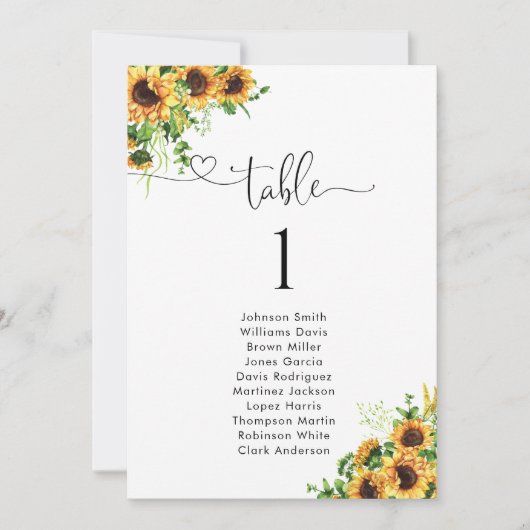 Carte Plan de table numéro tournesol pour mariage (Devant)