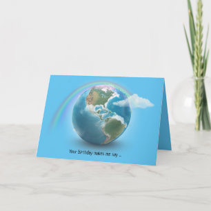 Carte planet Earth with rainbow and clouds birthday