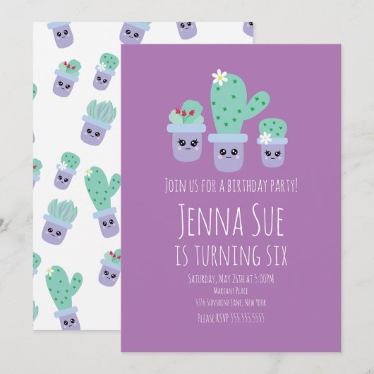 Carte Plante de cactus mignonne en pot pour fête d'anniv (Devant / Derrière)