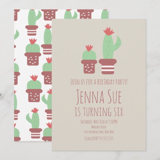Carte Plantes de cactus modernes en pot pour fête d'anni (Devant / Derrière)