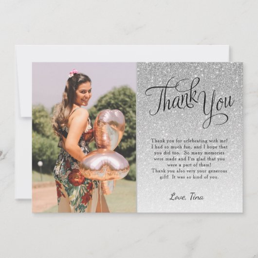 Carte plat Merci photo Parties scintillant argent (Devant)