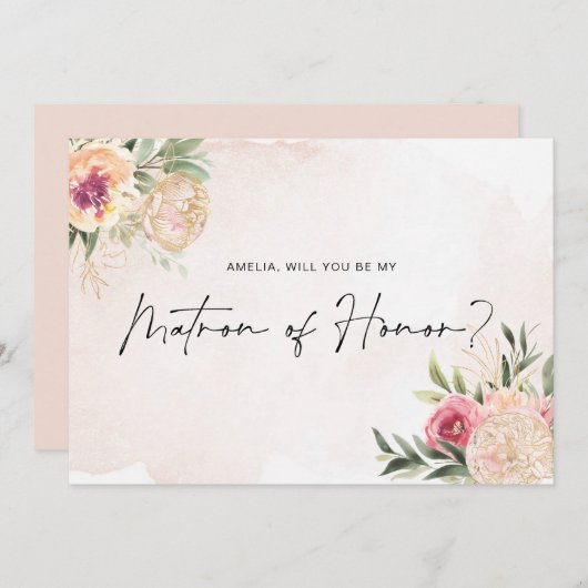 Carte plat Peony and Gold Bloom Matron of Honor (Devant / Derrière)