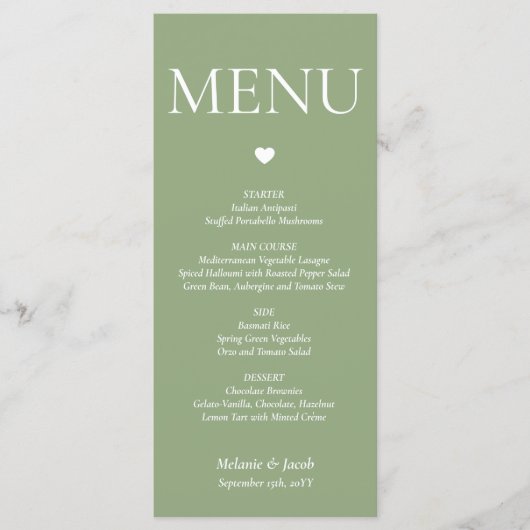 Carte Plat Sage Green Minimalist Mariage Menu (Devant)