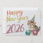 Carte plate à souhait de Nouvel An avec chat drôle (Devant)
