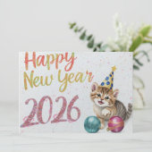 Carte plate à souhait de Nouvel An avec chat drôle (Debout devant)