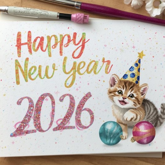 Carte plate à souhait de Nouvel An avec chat drôle