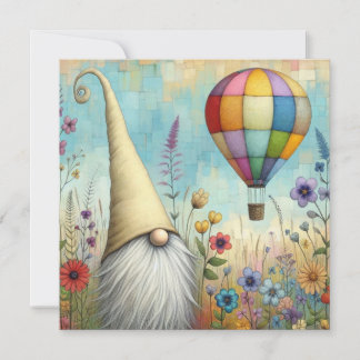 Carte plate adorable gnome et montgolfière
