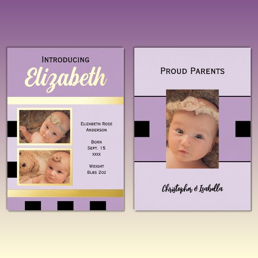 Carte plate annonce de naissance bébé violet avec