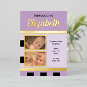 Carte plate annonce de naissance bébé violet avec (Debout devant)