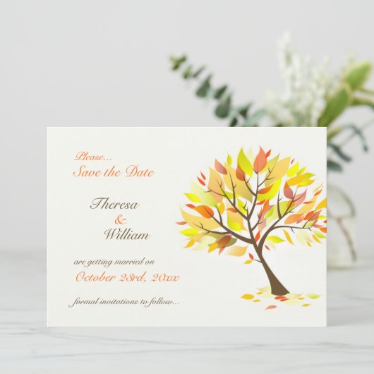 Carte plate arbre thème automnal "Save The Date" (Debout devant)