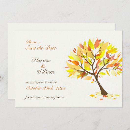 Carte plate arbre thème automnal "Save The Date" (Devant / Derrière)