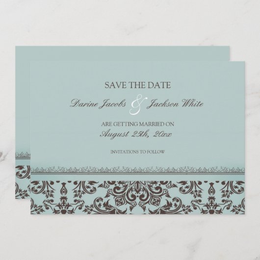 Carte plate damassée pour mariage "Save The Date" (Devant / Derrière)
