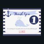 Carte plate de ęr Merci nautique d'anniversaire de<br><div class="desc">Carte de remerciements nautique de l'anniversaire de ce garçon le ęr comporte une baleine mignonne, une certaine corde et une ancre sur un arrière - plan barré blanc de cadre et de blanc et de bleu marine. Il est prêt d'être personnalisé la même invitation d'anniversaire de conception est également disponible...</div>