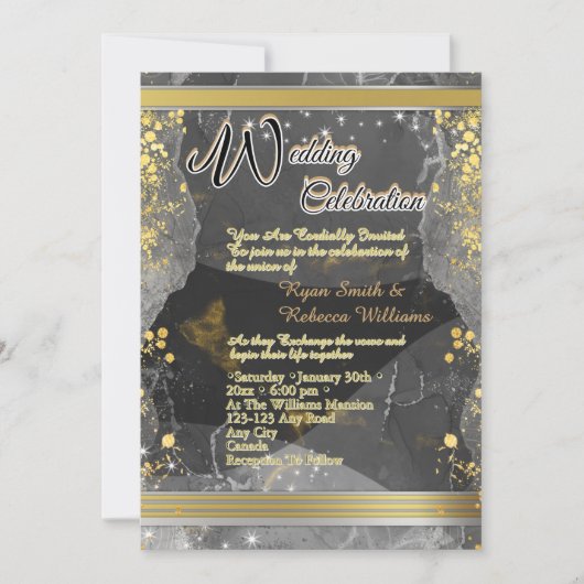 Carte plate de mariage noir et or marbré (Devant)