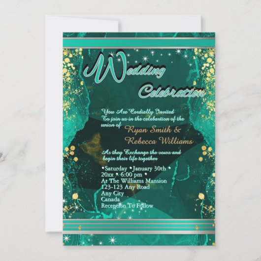 Carte plate de mariage Vert & Or Marbré (Devant)