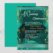 Carte plate de mariage Vert & Or Marbré (Devant / Derrière)