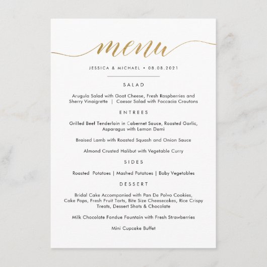 Carte plate de menu calligraphié en faux or (Devant)