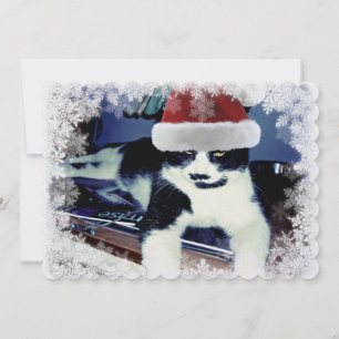 Carte plate de Noël avec chat smoking et chapeau d
