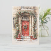 Carte plate de Noël avec l'art de la porte rouge d (Debout devant)