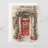 Carte plate de Noël avec porte rouge de vacances (Devant / Derrière)