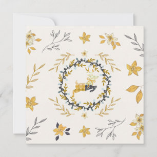 Carte plate de Noël Cerf Jaune Crème Floral