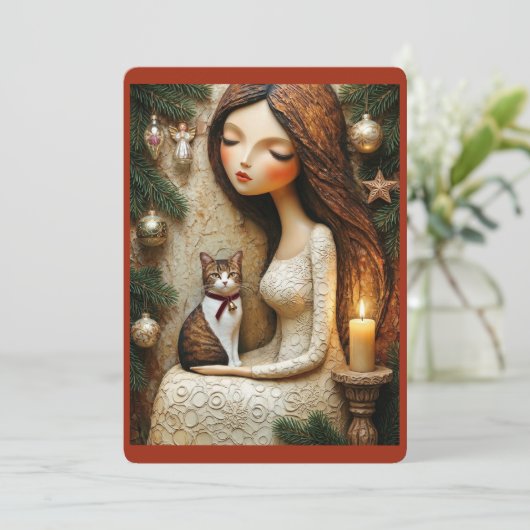 Carte plate de Noël fantaisiste avec chat et fée d (Debout devant)