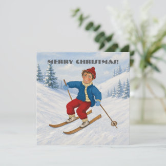 Carte plate de Noël personnalisée pour skieur