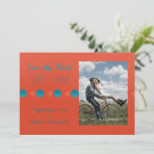 Carte plate Orange et sarcelle Enregistrez la date (Debout devant)