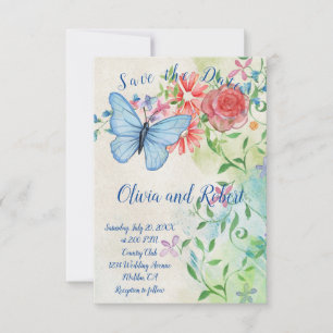 Carte plate papillon aquarelle et rose rouge