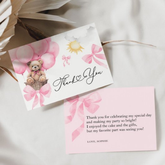 Carte plate remerciement ours rose 