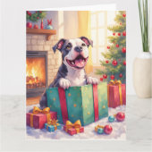 Carte Playful Pitbull Opening Christmas Gifts Holiday (Devant)